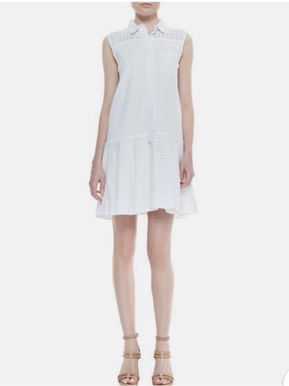 Jonathan Simkahai Sleeveless White Eyelet Drop Waist Shirt Dress